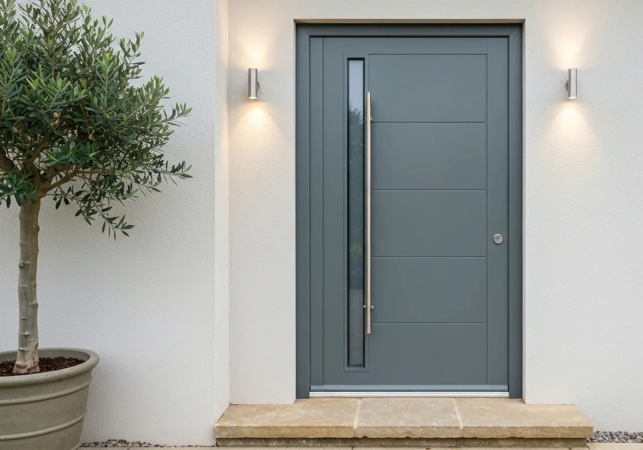 Moderne anthrazitfarbene Aluminium-Haustür mit Stangengriff