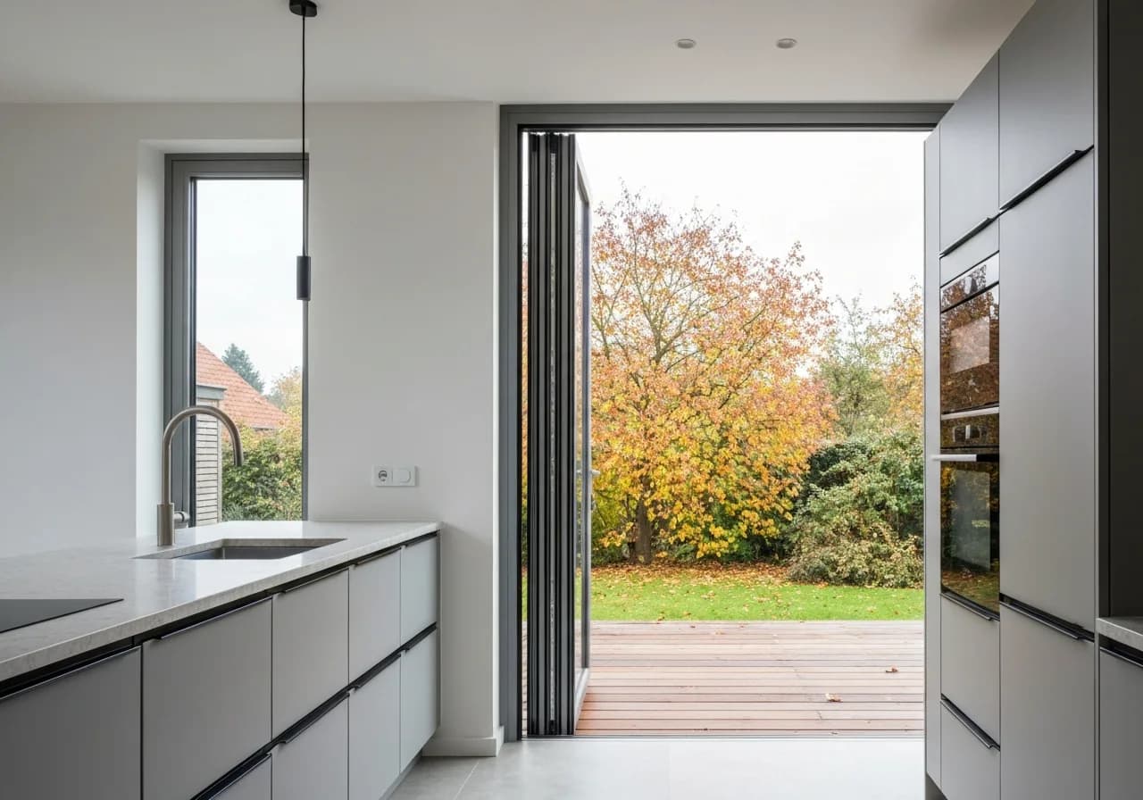 Küche mit großer Hebeschiebetür zur Terrasse