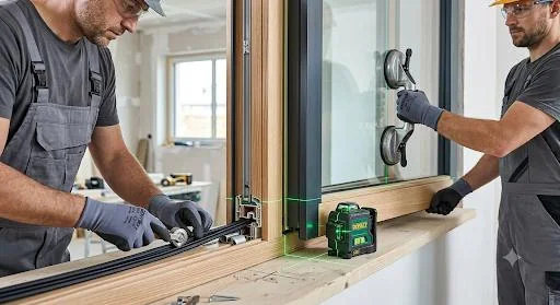 Zwei Handwerker messen eine Fensteröffnung mit Lasermessgerät auf