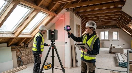 Monteur setzt einen neuen Fensterrahmen in eine Maueröffnung ein